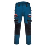 A pair of blue work trousers designed for use on construction sites and in industrial work environments.,