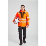 A high-visibility orange jacket featuring retroreflective tape panels, suitable for a wide range of outdoor and site work applications.