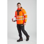 A high-visibility orange jacket featuring retroreflective tape panels, suitable for a wide range of outdoor and site work applications.