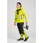 A high-visibility yellow jacket featuring retroreflective tape panels, suitable for a wide range of outdoor and site work applications.