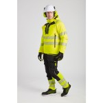 A high-visibility yellow jacket featuring retroreflective tape panels, suitable for a wide range of outdoor and site work applications.