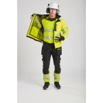 A high-visibility yellow waterproof jacket featuring retroreflective tape panels, suitable for a wide range of outdoor and site work applications.
