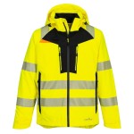 A high-visibility yellow waterproof jacket featuring retroreflective tape panels, suitable for a wide range of outdoor and site work applications.
