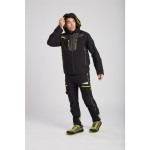 A black waterproof jacket designed for use on construction sites and in industrial work environments.,