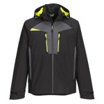 A black waterproof jacket designed for use on construction sites and in industrial work environments.,