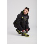 A black waterproof jacket designed for use on construction sites and in industrial work environments.,