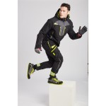 A black waterproof jacket designed for use on construction sites and in industrial work environments.,