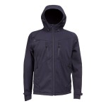 A navy blue softshell jacket designed for use on construction sites and in industrial work environments.,