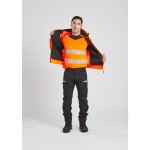 A high-visibility orange work shirt featuring retroreflective tape panels, a full-length zip front, suitable for a wide range of outdoor and site work applications.