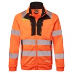 A high-visibility orange work shirt featuring retroreflective tape panels, a full-length zip front, suitable for a wide range of outdoor and site work applications.
