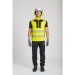 A high-visibility yellow workwear garment featuring retroreflective tape panels, suitable for a wide range of outdoor and site work applications.