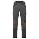 A pair of grey work trousers featuring stretch panels for ease of movement, suitable for a wide range of outdoor and site work applications.