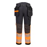 A pair of high-visibility orange trousers featuring retroreflective tape panels, stretch panels for ease of movement, suitable for a wide range of outdoor and site work applications.