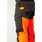 A pair of high-visibility orange trousers featuring retroreflective tape panels, stretch panels for ease of movement, suitable for a wide range of outdoor and site work applications.