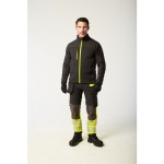 A pair of high-visibility yellow trousers featuring retroreflective tape panels, stretch panels for ease of movement, suitable for a wide range of outdoor and site work applications.