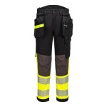 A pair of high-visibility yellow trousers featuring retroreflective tape panels, stretch panels for ease of movement, suitable for a wide range of outdoor and site work applications.