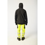 A black jacket designed for use on construction sites and in industrial work environments.,