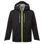 A black jacket designed for use on construction sites and in industrial work environments.,