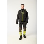 A black jacket designed for use on construction sites and in industrial work environments.,
