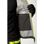 A black jacket designed for use on construction sites and in industrial work environments.,