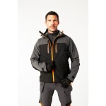 A grey jacket designed for use on construction sites and in industrial work environments.,