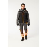 A grey jacket designed for use on construction sites and in industrial work environments.,