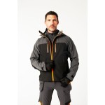 A grey jacket designed for use on construction sites and in industrial work environments.,
