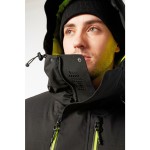 A black jacket designed for use on construction sites and in industrial work environments.,