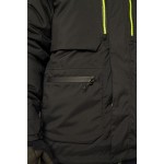 A black jacket designed for use on construction sites and in industrial work environments.,