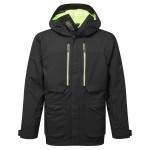 A black jacket designed for use on construction sites and in industrial work environments.,