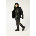 A black jacket designed for use on construction sites and in industrial work environments.,