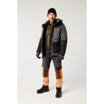 A grey jacket designed for use on construction sites and in industrial work environments.,