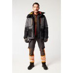 A grey jacket designed for use on construction sites and in industrial work environments.,