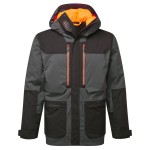 A grey jacket designed for use on construction sites and in industrial work environments.,