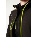 A black softshell jacket designed for use on construction sites and in industrial work environments.,