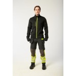 A black softshell jacket designed for use on construction sites and in industrial work environments.,