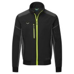 A black softshell jacket designed for use on construction sites and in industrial work environments.,
