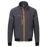 A grey softshell jacket designed for use on construction sites and in industrial work environments.,