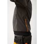 A grey softshell jacket designed for use on construction sites and in industrial work environments.,