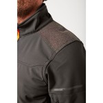 A grey softshell jacket designed for use on construction sites and in industrial work environments.,