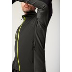A black jacket featuring stretch panels for ease of movement, suitable for a wide range of outdoor and site work applications.