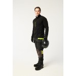 A black workwear garment designed for use on construction sites and in industrial work environments.,