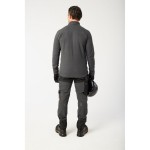A grey workwear garment designed for use on construction sites and in industrial work environments.,