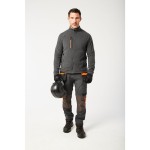 A grey workwear garment designed for use on construction sites and in industrial work environments.,