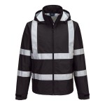 A navy blue jacket designed for use on construction sites and in industrial work environments.,