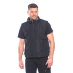 A black jacket designed for use on construction sites and in industrial work environments.,