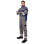 A grey jacket featuring flame-resistant fabric, suitable for a wide range of outdoor and site work applications.