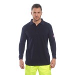 A black polo shirt featuring flame-resistant fabric, suitable for a wide range of outdoor and site work applications.
