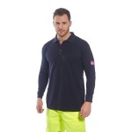A black polo shirt featuring flame-resistant fabric, suitable for a wide range of outdoor and site work applications.