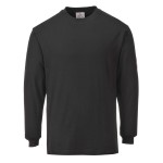 A black work shirt featuring flame-resistant fabric, suitable for a wide range of outdoor and site work applications.